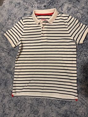 BODEN Kids Striped Polo Shirt - Cream & Navy- 11-12y